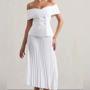 Hattie White Bardot tailored midi dress with pleated skirt